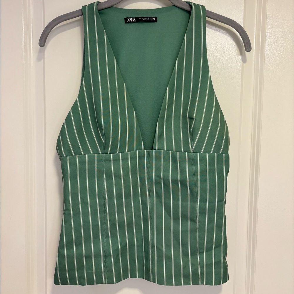 Zara Green Pinstripe Deep V Sleeveless Top (Size S)